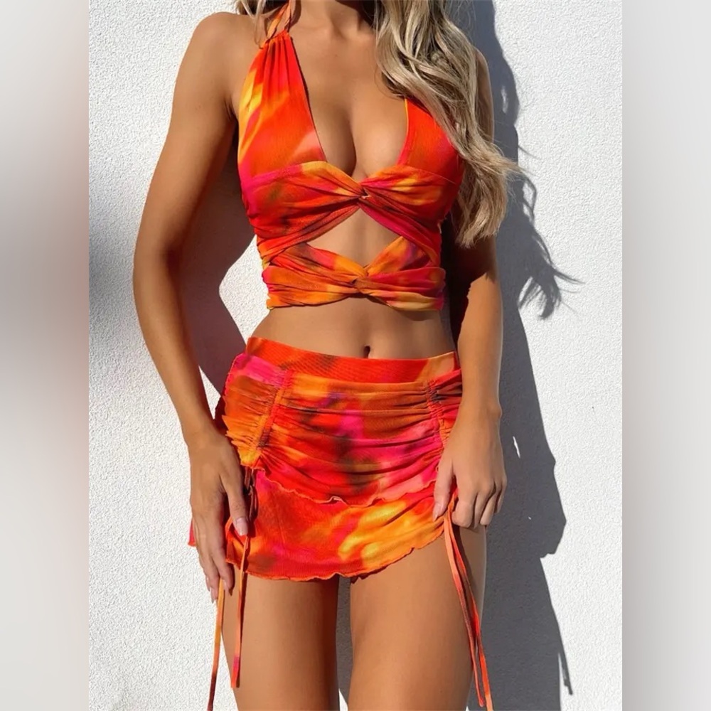 2 Piece Set Women Tie-dye Print Skirt Set Halter Tie-up Cut Out Outfit